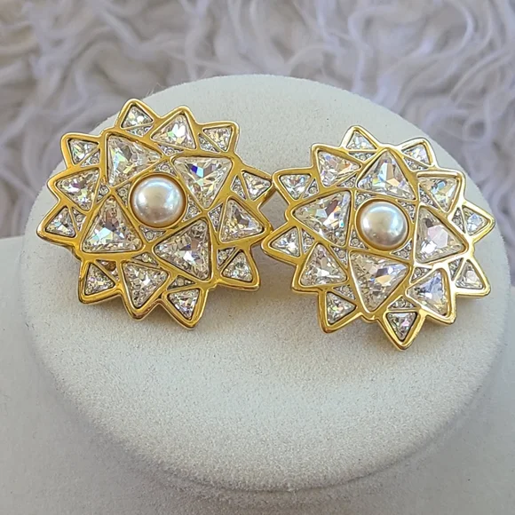 Gorgeous Swarovski Clip-on Faux Pearl and Crystal Earrings- Excellent Condition